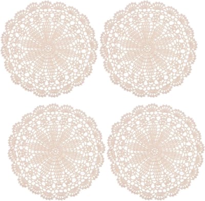 Set van 4 Handgemaakte Beige Haakdoilies van 10 Inch - Retro Rond Placemats voor Tafel, Bruiloft en Feestdecoratie