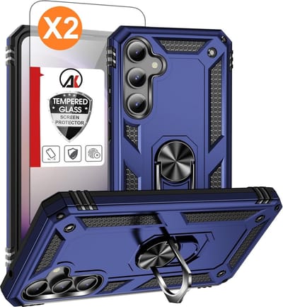 Hoesje Geschikt Voor Samsung Galaxy S23 FE Hoesje Anti-Shock Hybrid Armor hoesje met ring houer Blauw - Met Screenprotector - 2 pack