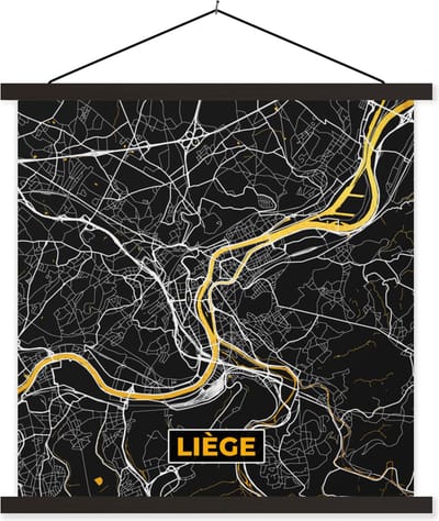 Posterhanger incl. Poster 60x60 cm - Schoolplaat - Kaart - Goud - Liège - Stadskaart - Plattegrond - Textielposter - Zwarte latten - Stadskaart
