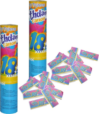 Funny Fashion confetti shooter/kanon - 2x - verjaardag 18 jaar - papier - multi kleuren - 20 cm - leeftijd feestartikelen
