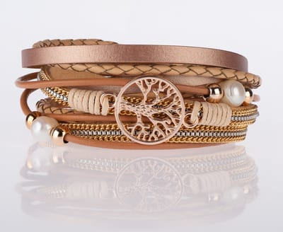 Armband Dames – Leren Wikkelarmband Dames – Rosegouden Armband Dames – Levensboom Armband – Bohemian Dames Armband – Galeara Design® – 18.5CM