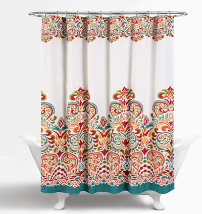 Boho Paisley Damast Douchegordijn - Kleurrijk Geometrisch Patroon Turquoise en Mandarijn