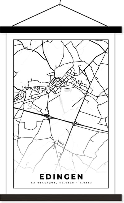 Posterhanger incl. Poster 40x60 cm - Schoolplaat - België – Edingen – Stadskaart – Kaart – Zwart Wit – Plattegrond - Textielposter - Zwarte latten - Stadskaart