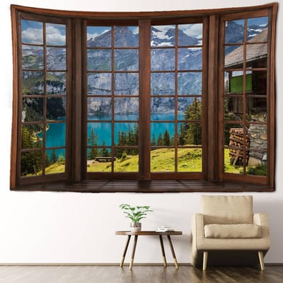 Berg en rivier imitatie raam landschap wandtapijt wandtapijt natuurlijke kunst landschap bohemian kamer decor achtergrond stof 95x70CM
