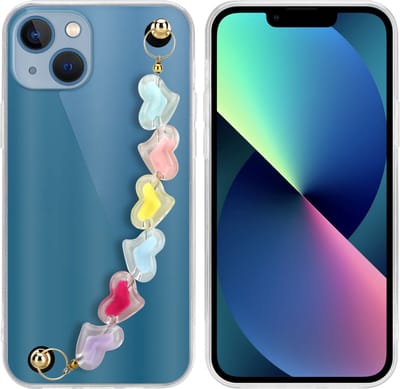Cadorabo Hoesje geschikt voor Apple iPhone 13 in Transparant met kleurrijke hartjes - Beschermhoes van flexibel TPU silicone Case Cover met polsketting