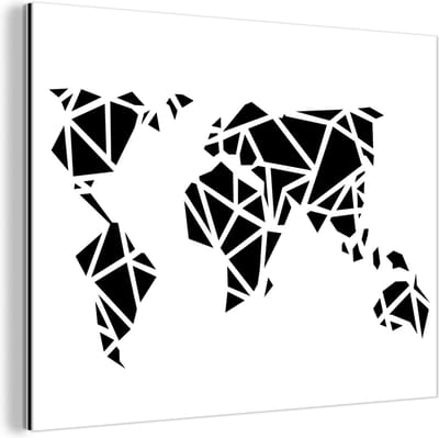 Aluminium schilderij 160x120 cm - Wanddecoratie metaal - Wereldkaart - Geometrische vormen - Zwart - Wit - Metalen muurdecoratie woonkamer - Decoratie industrieel - Foto op dibond - Industriële accessoires slaapkamer
