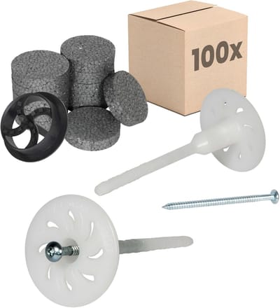 Isolatiepluggen Set - Bevestigingspluggen - Gevelisolatie Monteren - Voorgemonteerd met schroef - Ø8x180mm - Wit