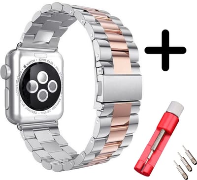Strap-it Stalen schakel band - Geschikt voor Apple Watch bandje - Series 1/2/3/4/5/6/7/8/9/10/11/SE/SE2/SE3 - Zilver/Rose Gold - Metalen band met RVS vlindersluiting - maat: 38 / 40 / 41 / 42mm - Met inkorter toolkit
