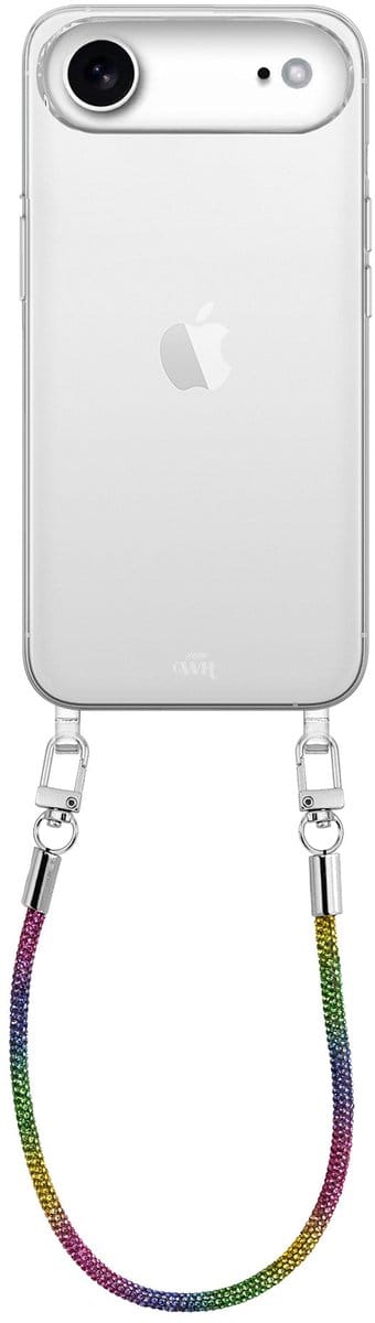 xoxo Wildhearts siliconen hoesje - Geschikt voor iPhone 17 Air - Rainbow Diamonds - Telefoonhoesje - Hoesje met koord - telefoonkoord - Transparant hoesje - Diamanten ketting - diamant - steentjes - Meerkleurig / Regenboog