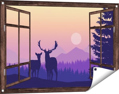 Gards Tuinposter Doorkijk Twee Herten - Zonsondergang - Silhouet - 90x60 cm - Tuindoek - Tuindecoratie - Wanddecoratie buiten - Tuinschilderij