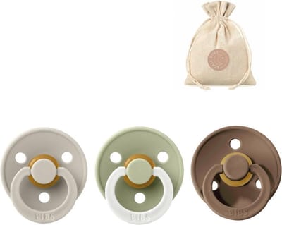 BIBS spenen T1 met speenzakje - Sand, Dark oak en Glow in the dark Sage - 0 tot 6 maanden