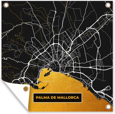 Tuin poster Mallorca - Stadskaart - Plattegrond - Goud - Kaart - 200x200 cm - Tuindoek