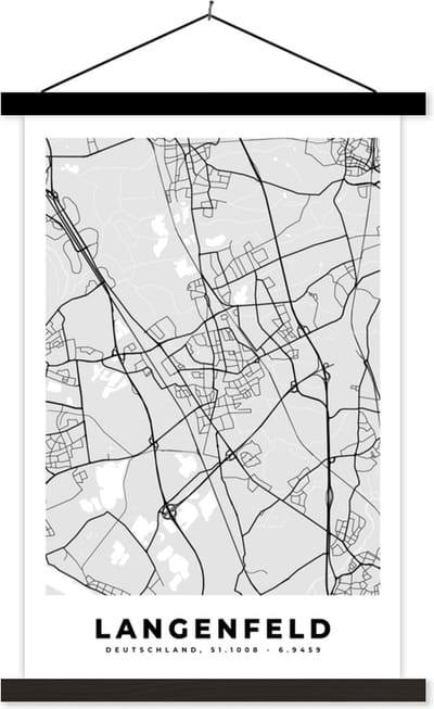 Posterhanger incl. Poster 40x60 cm - Schoolplaat - Langenfeld - Stadskaart - Plattegrond - Duitsland - Kaart - Textielposter - Zwarte latten - Stadskaart