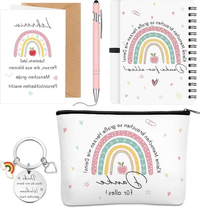 6 Unieke Cadeaus voor Leraren: Regenboog Notitieboek, Cosmetica Tas, Pen, Sleutelhanger, Kaart en Envelop voor Afstuderen, Verjaardag en Lerarendag