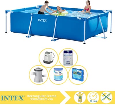 Intex Rechthoekig Frame Zwembad - 300 x 200 x 75 cm - Blauw - Inclusief Zwembadfilterpomp - Filter - Zoutwatersysteem - Zwembadzout - Vloertegels - 6-delig