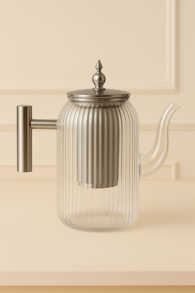 Almina Theepot met Zeef - Zilver Accenten - Glas - 800ml - Met Deksel - Geribbeld - Design
