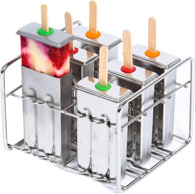 Ijslolly vormen - Ijsblokjesmachine - DIY Ijsjes - RVS - Ijsvormpjes - met Deksel en Ijsstokje - Gemakkelijk te Ontvormen - Inclusief Ijshouder - 6 Stuks