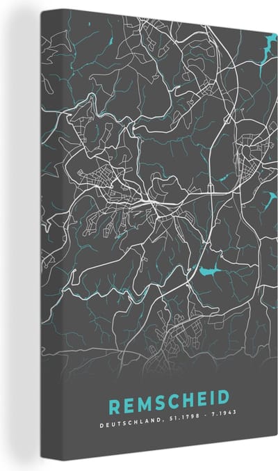 Canvas Schilderij Kaart – Plattegrond – Stadskaart – Remscheid – Duitsland – Blauw - 20x30 cm - Wanddecoratie