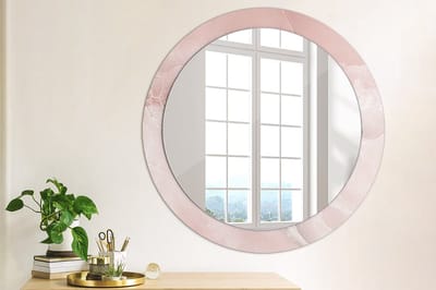 Wallfluent Bedrukte Ronde Spiegel - Ronde Spiegel Met Decoratie Roze Steen - 80 cm / 66 cm - Roze - Roze Ronde Spiegel Lijst Met Print - Badkamerspiegel - Gangspiegel - Eetkamer - Ronde vorm