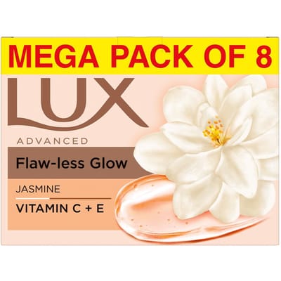 Lux Flaw-less Glow Badzeep verrijkt met Vitamine C & E Voor Superieure Glans Aanbiedingsverpakking 150g x 8 yellow