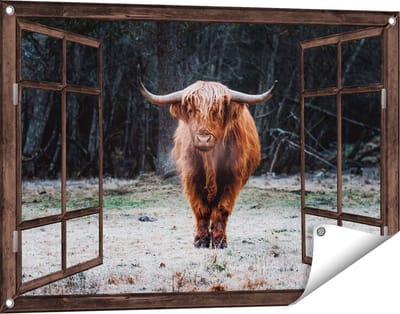 Gards Tuinposter Doorkijk Schotse Hooglander bij het Bos - 90x60 cm - Tuindoek - Tuindecoratie - Wanddecoratie buiten - Tuinschilderij