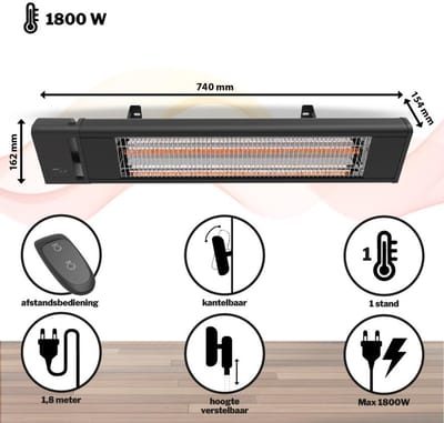 Leak-Care Hangende Terrasverwarmer - Infrarood - 1800W - Met Afstandsbediening - Zwart - IP65 Waterdicht