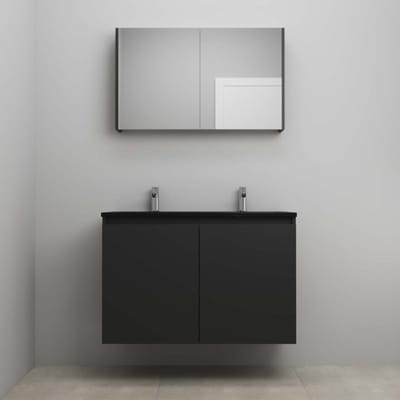 On-Line Badkamermeubelset - 100 cm - Bouwpakket - Greeploze Ladestructuur - Acryl Wastafel - 2 Kraangaten - Spiegelkast - Mat Zwart