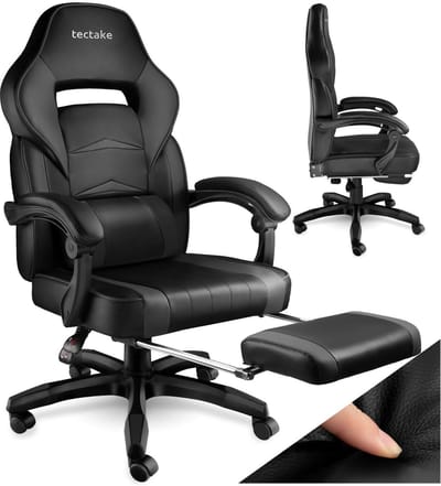 tectake® Bureaustoel - Gamingstoel met verstelbare rugleuning, voetensteun en armleuningen - Inclusief nekkussen en lendensteun - Ergonomisch - In hoogte verstelbaar - Maximale belastbaarheid 120 KG - Afmeting (LxBxH) 70x75x120-128 cm - Zwart / zwart