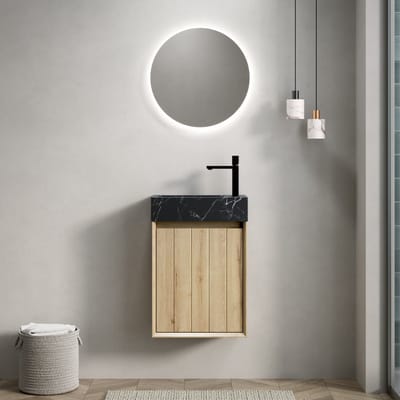 Wishdor - Badkamermeubel Met Geïntegreerde Wastafel - Wandmontage - Modern - Marmer - Zwart En Wit Eiken