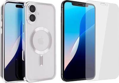 Coverzs bundel Magneet telefoonhoesje met Camera Cover + Screenprotector - Geschikt voor Iphone 16 - Transparante hoesje met zilveren details - Geschikt voor magnetische accessoires - Glasplaatje - Gehard glas - Bescherming tegen krassen