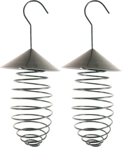 Esschert Design Vogel vetbolhouder met dak - 2x stuks - groen - 25 cm - Vogelvoederhuisje - Vogelvoer - voederstation