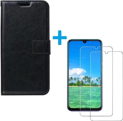 Bookcase Geschikt voor: Huawei Y5p - Zwart - portemonnee hoesje met 2 stuks Glas Screen protector