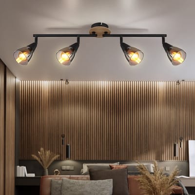 Plafondlamp Woonkamerlamp Eetkamerlamp Slaapkamerlamp, metaal zwart hout bruin glas rookkleurig, 4 vlammen Spots beweegbaar E14, L 60 cm
