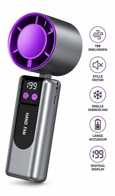 K&R TurboFan Pro - Handventilator - Mini Draagbare USB Ventilator - Draadloos - Digitaal Display - Oplaadbaar - Krachtige Turbomotor - Zakventilator - Voor Reizen, Kantoor & Buiten - kleur paars