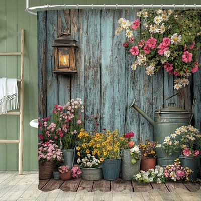 Serene Tuin Douchegordijn - Met Haken, Levendige Natuurlijke Rustieke Tuin en Bloemen Badkamergordijnen Huisdecoratie Gordijn 180x210cm-70x83in