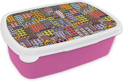 Broodtrommel Roze - Lunchbox - Brooddoos - Huis - Regenboog - Patroon - 18x12x6 cm - Kinderen - Meisje