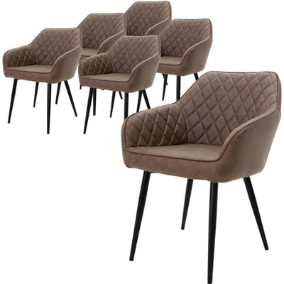 Set van 6 eetkamerstoelen met ruitstoffering van bruin kunstleer met metalen poten en armleuningen incl. montagemateriaal ML-Design