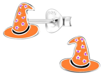 Joy|S - Zilveren halloween oorbellen - Heksenhoed oranje
