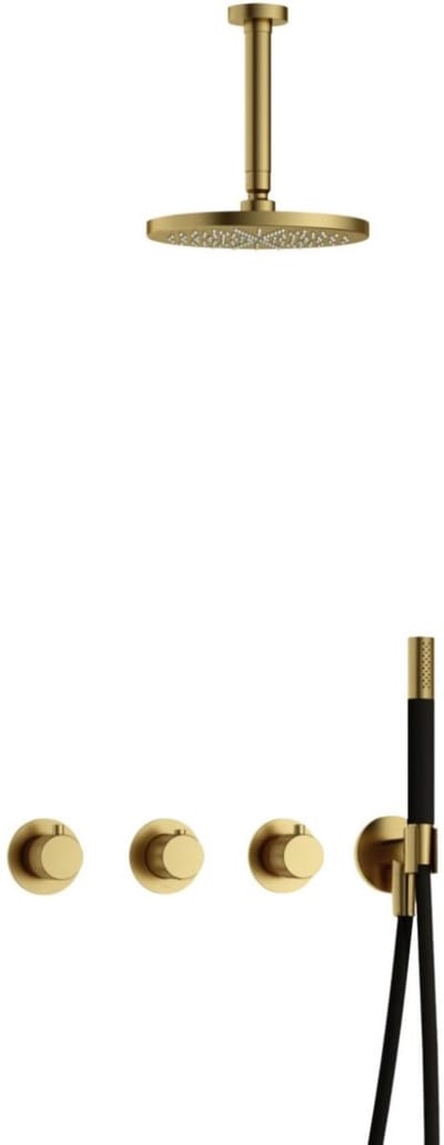 Hotbath Cobber X - CX7067 - Inbouw Regendoucheset - Geborsteld Messing PVD - 2 Stopkranen - Thermostatisch - Plafondbuis 15 cm - Hoofddouche 200 mm - Staafhanddouche - Waterbesparend