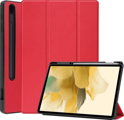 Hoesje Geschikt voor Samsung Galaxy Tab S7 FE - Dun & Stevig - Trifold Bookcase - Hard Cover Case - Met Uitsparing Geschikt voor S Pen - Hardcover Book - Tablet Hoes - Rood