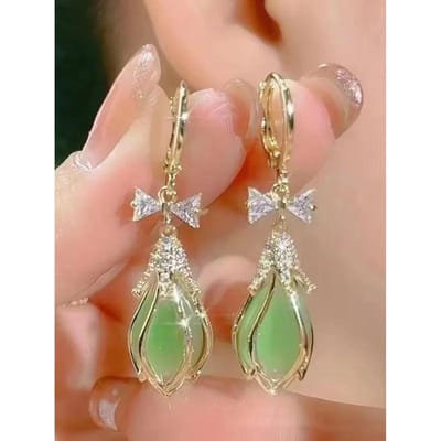 2 pièces de boucles d'oreilles tendance et haut de gamme avec nœud, pierre œil de chat, fleur de tulipe, pour femmes, boucles d'oreilles, accessoires polyvalents pour un usage quotidien et les rendez-vous beige