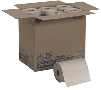 Gerecycleerde papieren handdoekrol, 350 voet per rol, 12 rollen per koffer