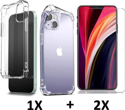 HB Hoesje Geschikt voor Apple iPhone 13 - Transparant / 2X Glazen Screenprotector - Extra Stevig Anti-Shock Hybrid Back Cover