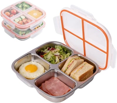 Snack Box met Compartimenten - RVS Herbruikbare Tussendoortjes Dozen met Deksel voor Kinderen en Volwassenen, Ideaal voor School, Werk, Kamperen en Reizen, Set van 2, 600 ml