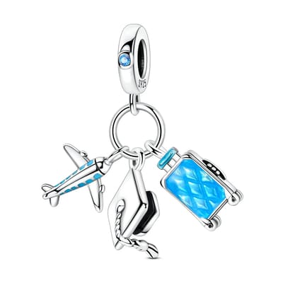 Fler® | Bedel | Past op populaire bedelarmbanden (standaard - 3mm) | Reis Bedel | Hangbedel Charm | 925 sterling zilver | Blauwe zirkonia | Blauwe & zwarte emaille | Valentijnsdag Cadeau | Sinterklaas kado | Kerstcadeau | Verjaardagsgeschenk