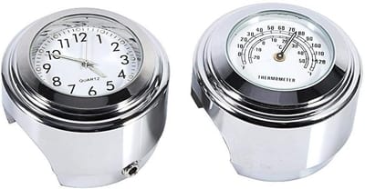 Motorfiets Klok - Stuur Klok Thermometer - Rijden op Motor - Waterdicht Schokbestendig - 7/8 1 Inch - Wit Met Chroom