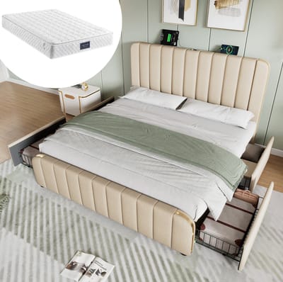 Gestoffeerd Bed 140x200 cm - Tweepersoonsbed Met USB En USB-C, 4 Lades En Lattenbodem - Zonder Matras - Stof - Beige