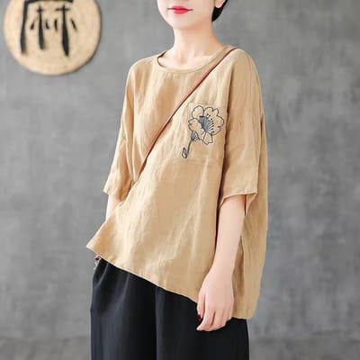 Retro Losse Grote Maat Dames Bloemen Geborduurde Zak Korte Mouw Losse Slim Blouse Katoen Linnen T-shirt Halflange Mouw Top 4XL geel