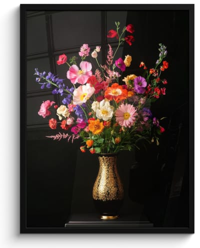Poster in lijst - Fotolijst 50x70 cm - Posters - Kleurrijk - Boeket - Vaas - Goud - Posterlijst zwart - Decoratie - Wanddecoratie woonkamer - Muurdecoratie slaapkamer