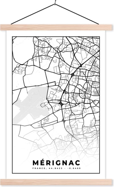 Posterhanger incl. Poster 40x60 cm - Schoolplaat - Mérignac - Frankrijk - Plattegrond - Stadskaart - Kaart - Zwart wit - Textielposter - Blanke latten - Stadskaart